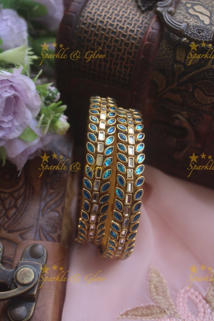 Three line leaf and rectangle shape kundan stones silk thread bangle - a pair - Blue - Sparkle and Glow - Teal - 