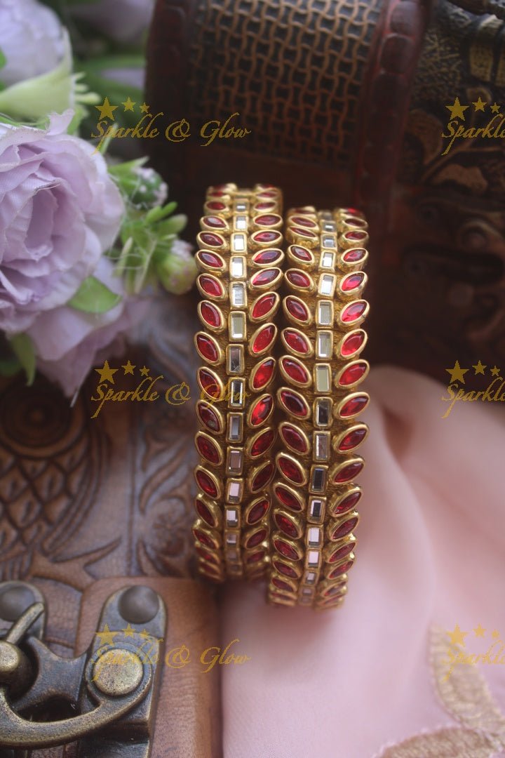 Three line leaf and rectangle shape kundan stones silk thread bangle - a pair - Light Green - Sparkle and Glow - Red - 