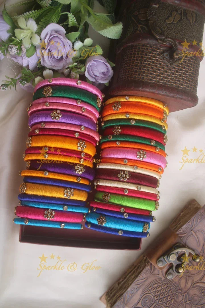Assorted Silk thread bangle set of threr with kundan stones - Sparkle and Glow