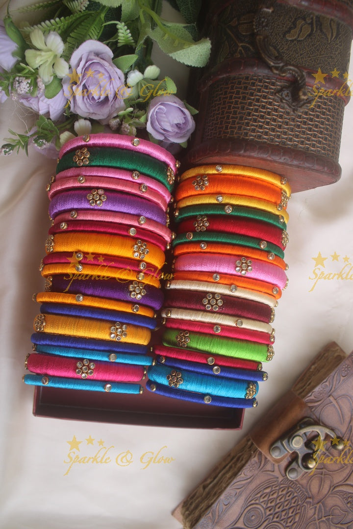 Assorted Silk thread bangle set of threr with kundan stones