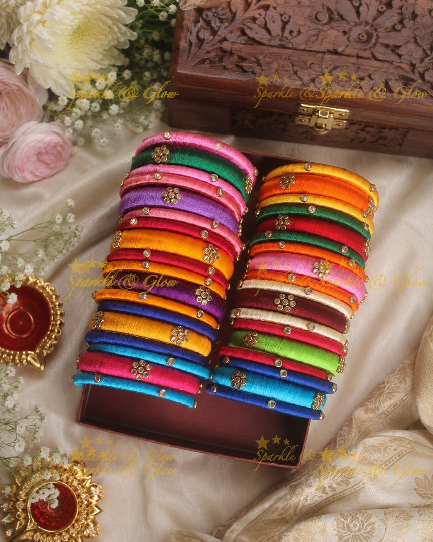 Silk Thread Bangles Trio with Kundan Stones- One dozen