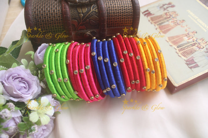 Assorted Silk thread bangle set of 4 bangles with kundan stones