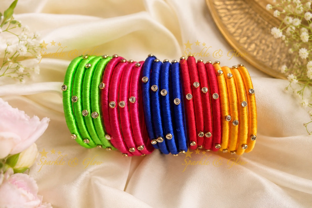 Silk Thread Bangles Set of 4 with Kundan Stones(Combo)
