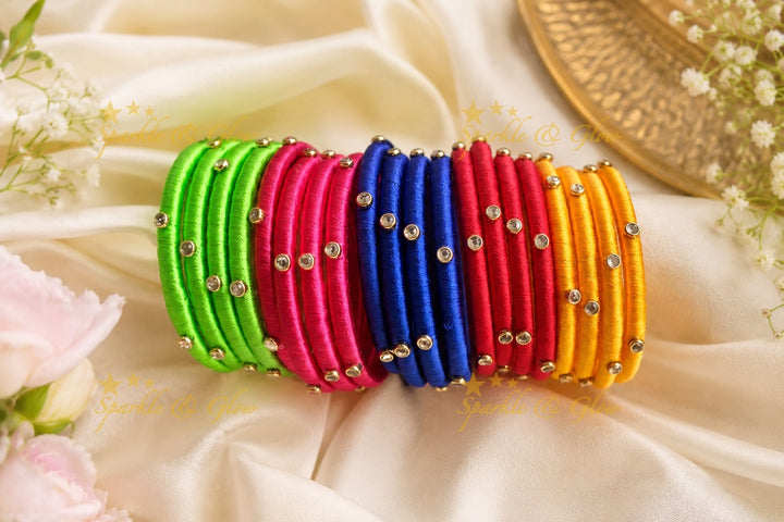 Silk Thread Bangles Set of 4 with Kundan Stones(Combo)