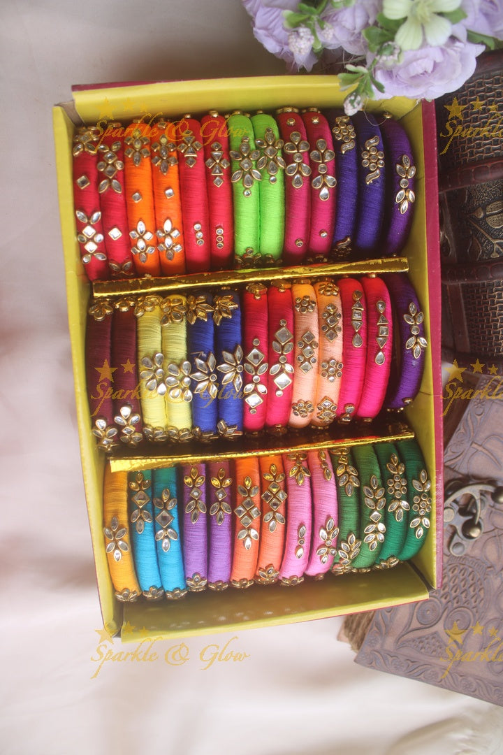 Assorted Silk thread bangles with kundan stones