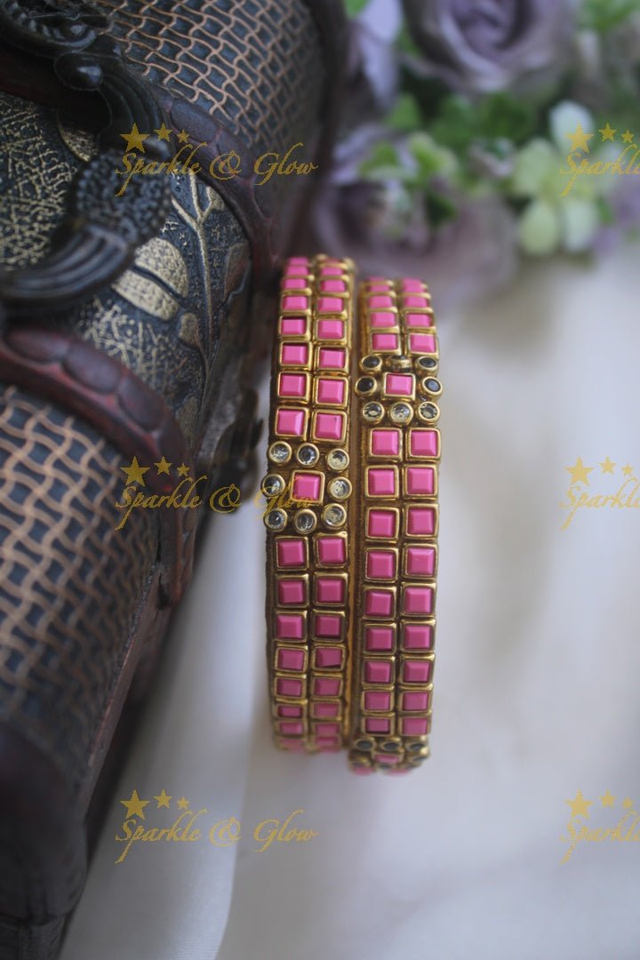 Two line sqare shape center flower design kundan stone silk thread bangle - a pair - Light Green - Sparkle and Glow - Light Blue - 