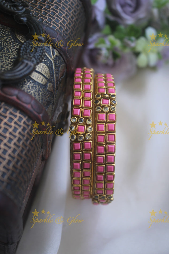 Two line sqare shape center flower design kundan stone silk thread bangle  - a pair - White