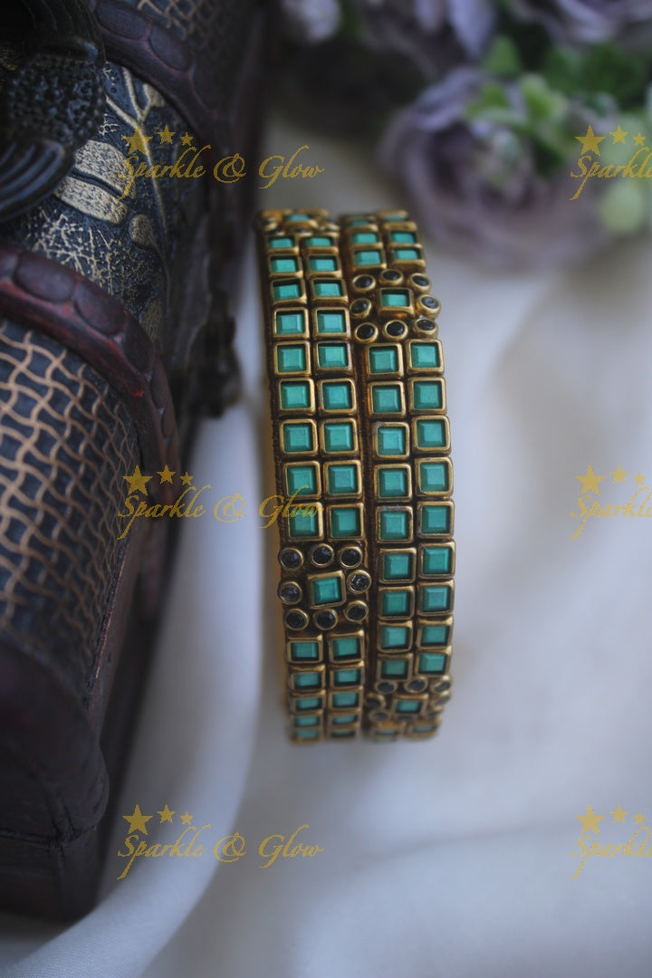 Two line sqare shape center flower design kundan stone silk thread bangle  - a pair - Teal