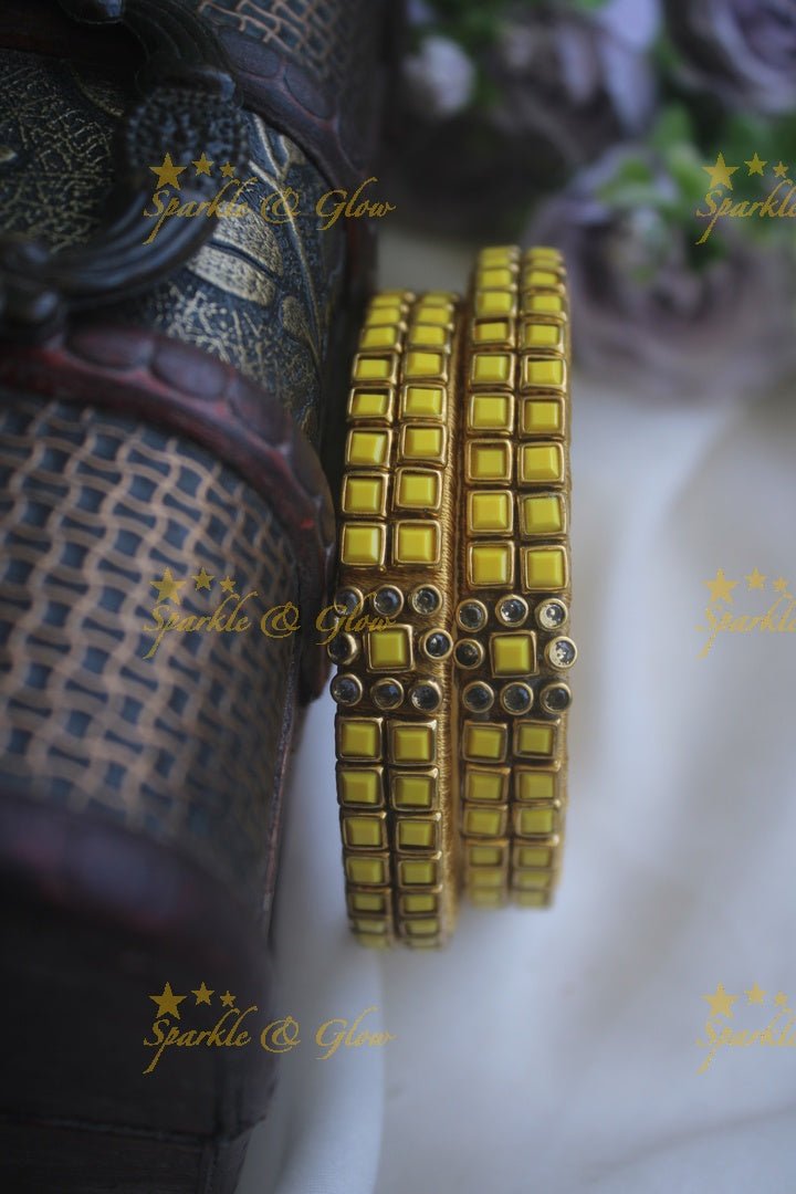 Two line sqare shape center flower design kundan stone silk thread bangle - a pair - Light Green - Sparkle and Glow - Yellow - 