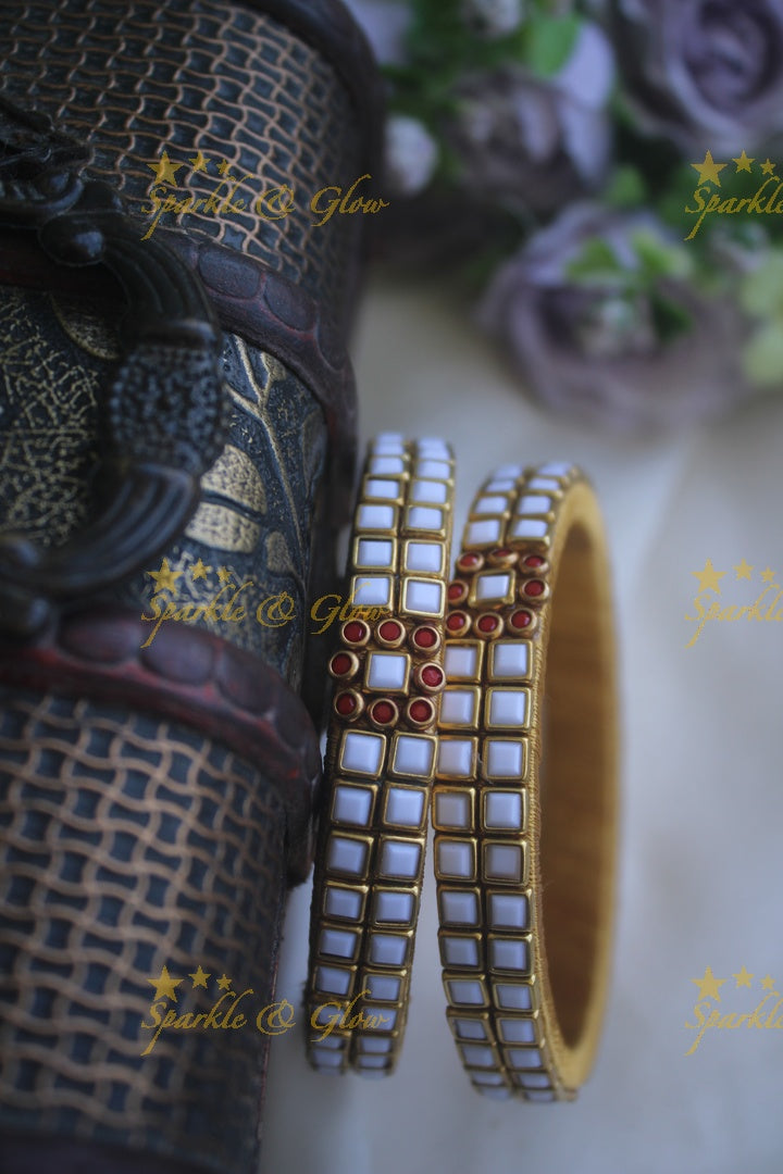 Two line sqare shape center flower design kundan stone silk thread bangle  - a pair - White