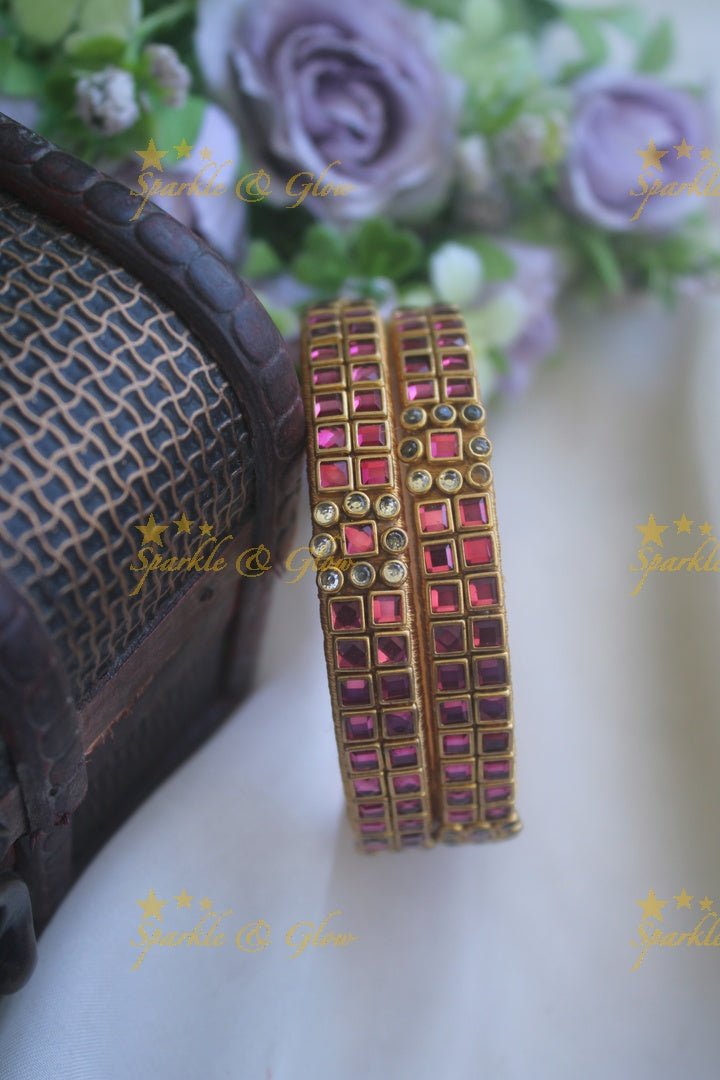 Two line sqare shape center flower design kundan stone silk thread bangle - a pair - Light Green - Sparkle and Glow - Transparent Pink - 