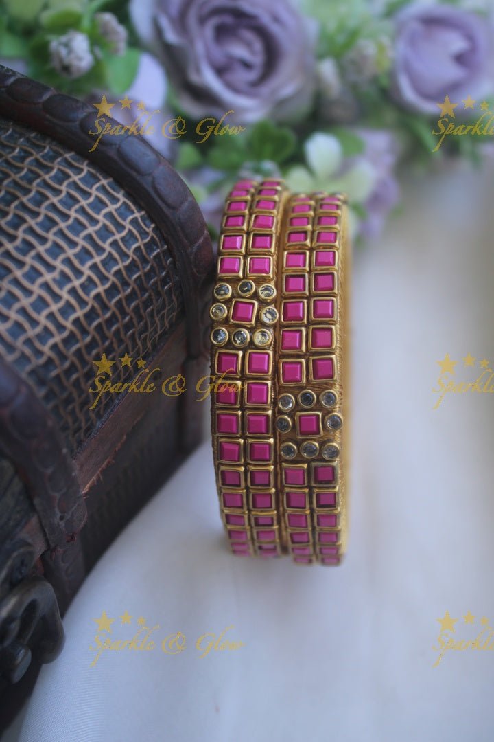 Two line sqare shape center flower design kundan stone silk thread bangle - a pair - Light Green - Sparkle and Glow - Pink - 