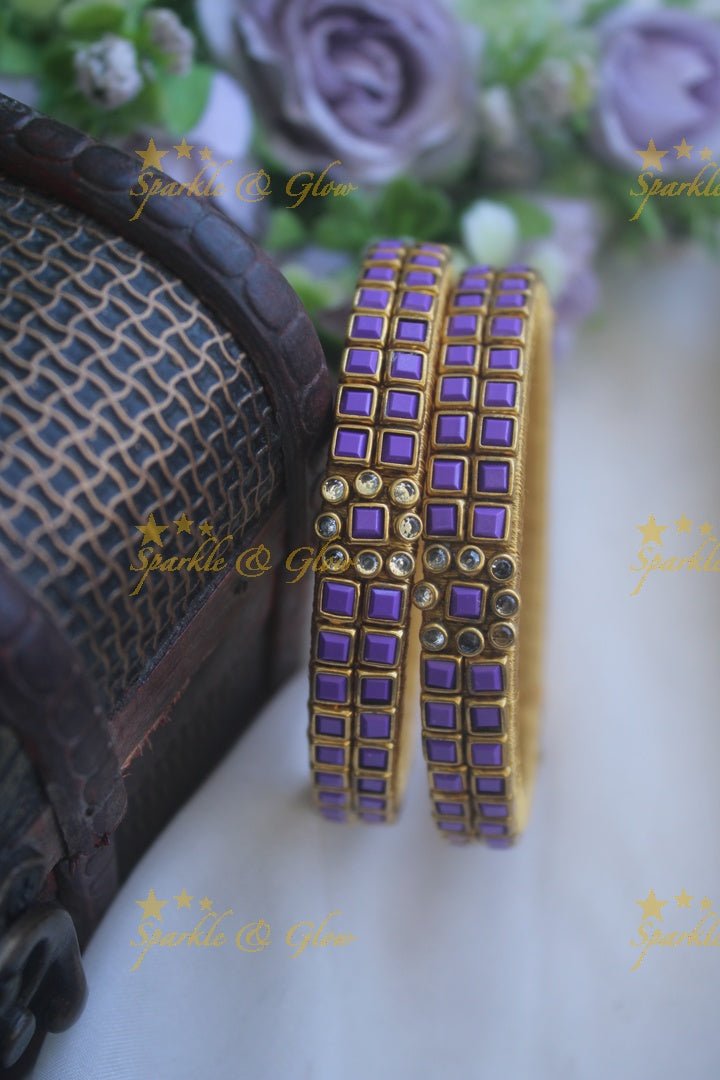 Two line sqare shape center flower design kundan stone silk thread bangle - a pair - Light Green - Sparkle and Glow - Violet - 