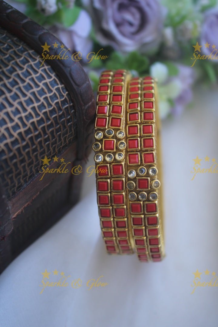 Two line sqare shape center flower design kundan stone silk thread bangle - a pair - Light Green - Sparkle and Glow - Red - 