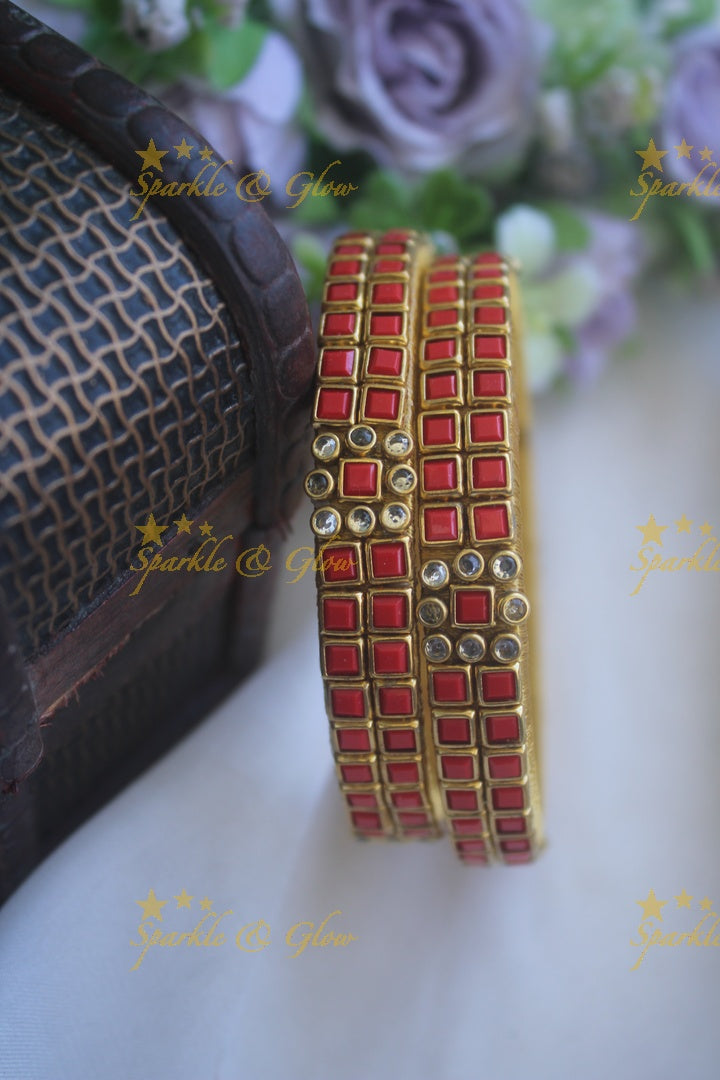 Two line sqare shape center flower design kundan stone silk thread bangle  - a pair - White