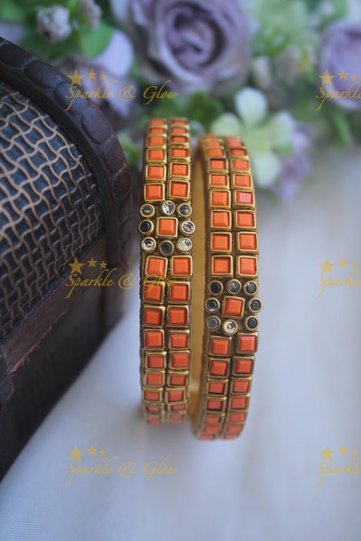 Two line sqare shape center flower design kundan stone silk thread bangle - a pair - Light Green - Sparkle and Glow - Orange - 