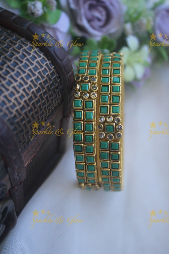 Two line sqare shape center flower design kundan stone silk thread bangle - a pair - Light Green - Sparkle and Glow - Light Blue - 