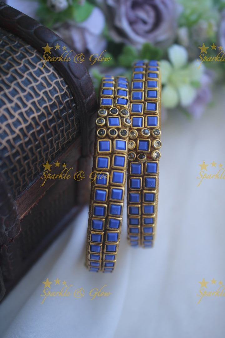 Two line sqare shape center flower design kundan stone silk thread bangle  - a pair - White
