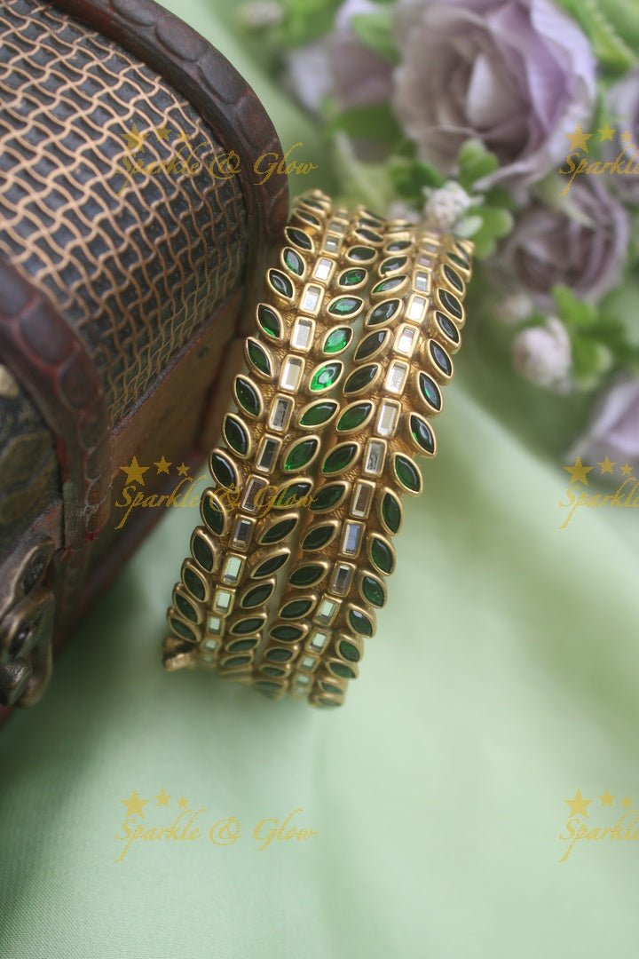 Three line leaf and rectangle shape kundan stones silk thread bangle - a pair - Green - Sparkle and Glow - Purple - 