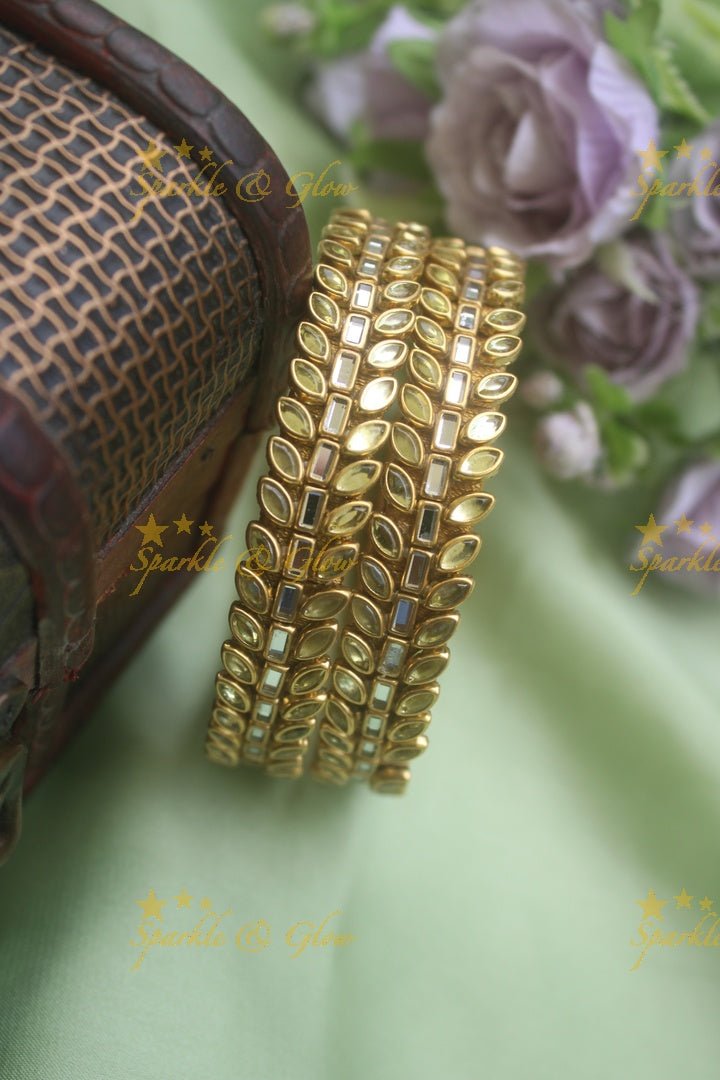 Three line leaf and rectangle shape kundan stones silk thread bangle - a pair - Light Green - Sparkle and Glow - Purple - 
