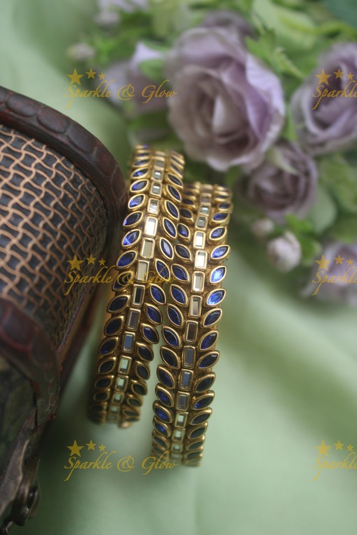 Three line leaf and rectangle shape kundan stones silk thread bangle - a pair - Blue - Sparkle and Glow - Purple - 
