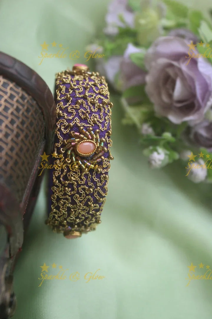 Beautiful silk thread embroidered gold wired flower design bangle - Sparkle and Glow