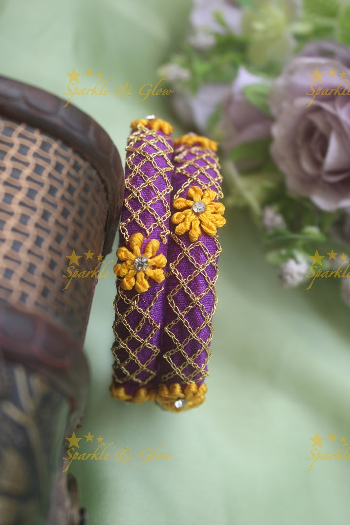 Beautiful silk thread embroidered gold wired and yellow thread flower design bangle