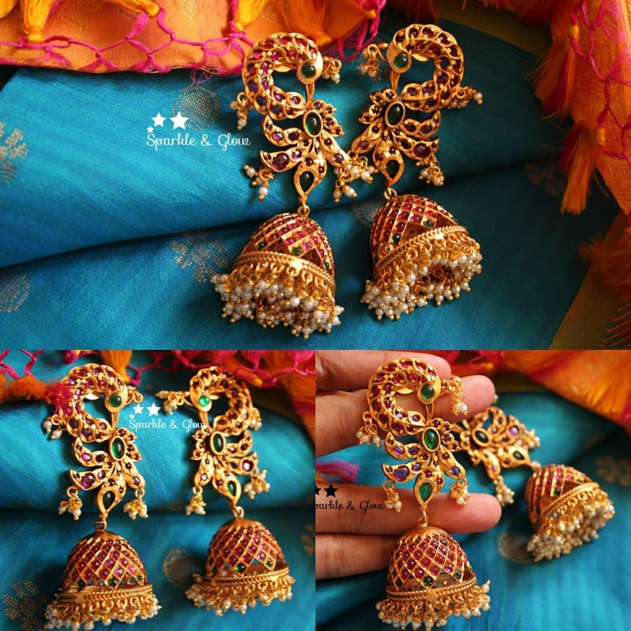 Statement kemp stones peacock bridal jhumukas - Sparkle and Glow