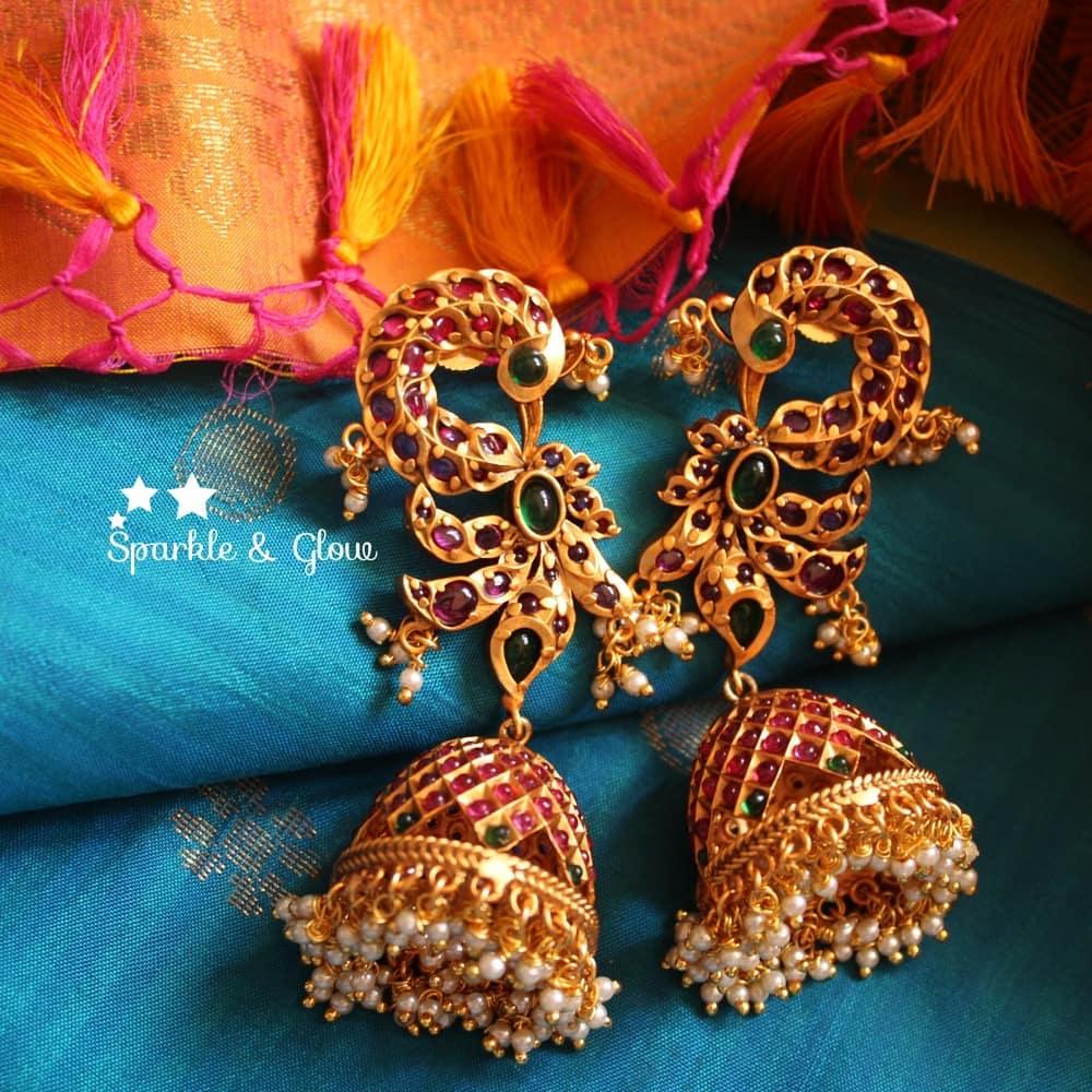 Statement kemp stones peacock bridal jhumukas - Sparkle and Glow