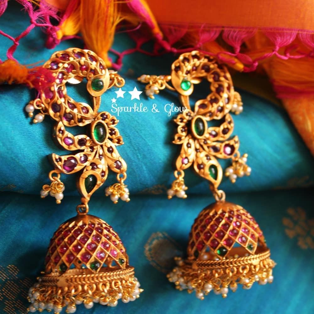 Statement kemp stones peacock bridal jhumukas - Sparkle and Glow