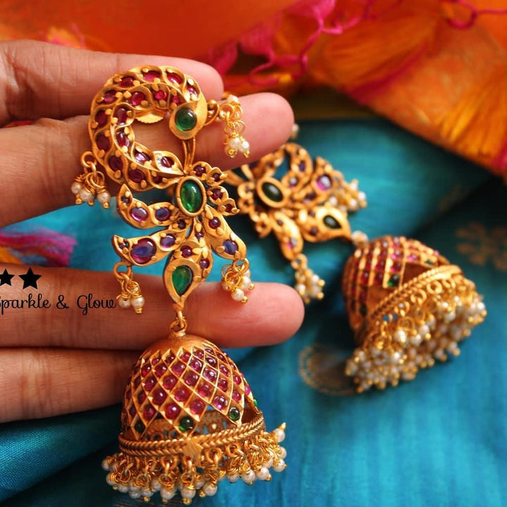 Statement kemp stones peacock bridal jhumukas - Sparkle and Glow
