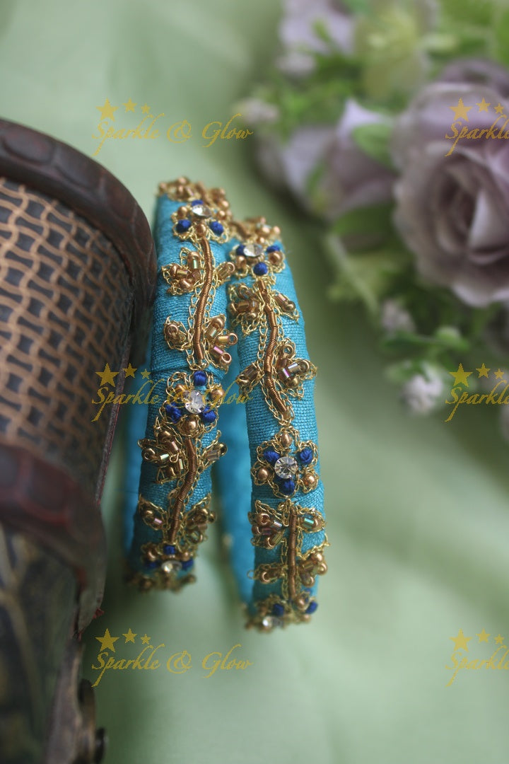 Beautiful silk thread embroidered golden beads and gold wired leaf branch design bangle
