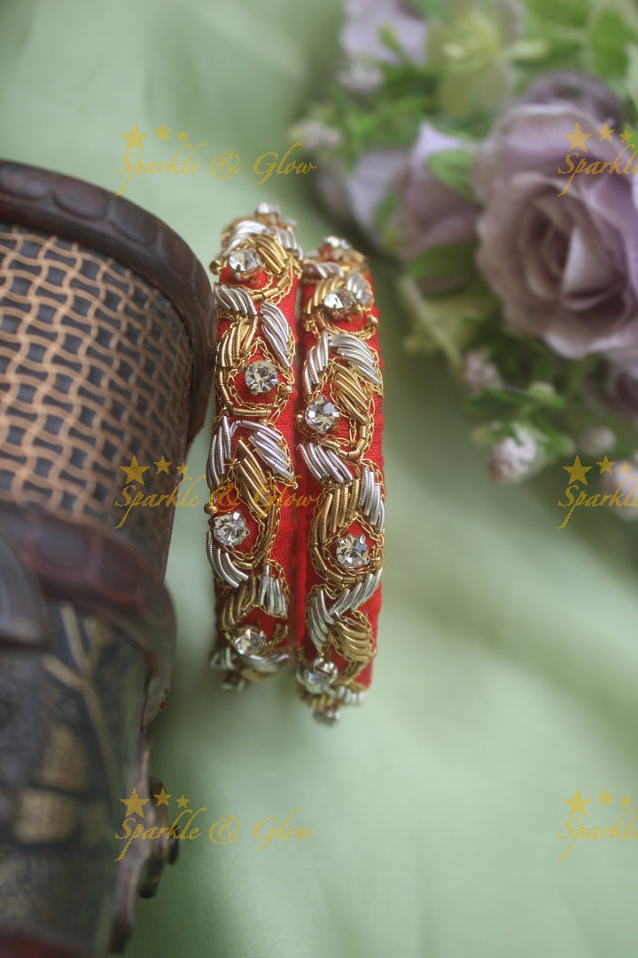 Beautiful silk thread embroidered gold and silver wired leaf design bangle