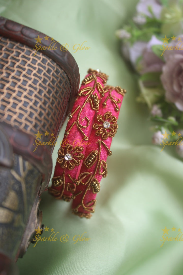 Beautiful silk thread embroidered gold wired flower and leaf design bangle