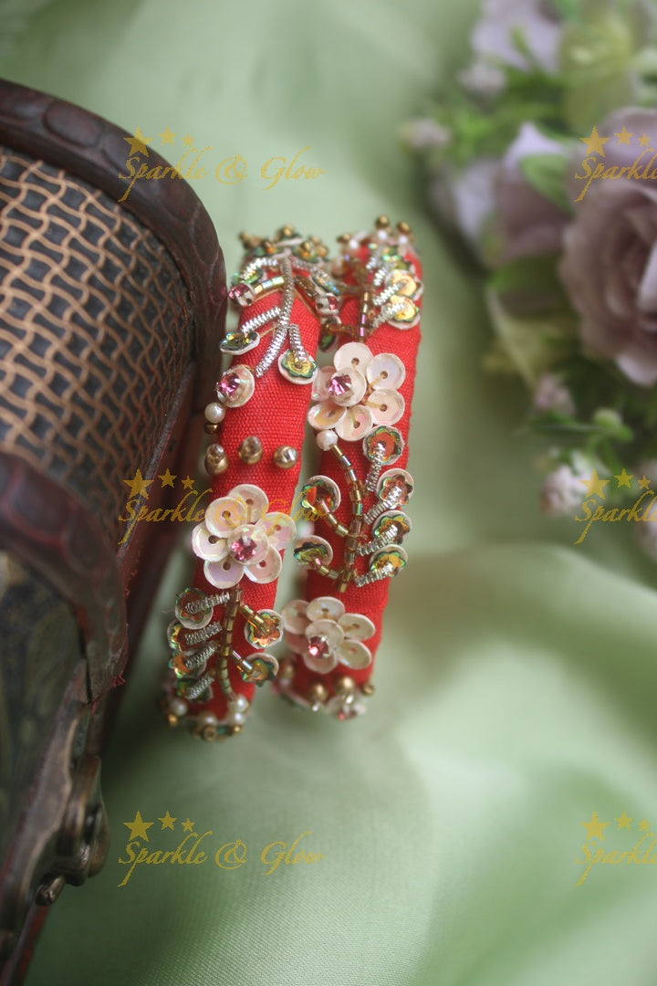 Beautiful silk thread embroidered silver leaf branch tinsel flower design bangle