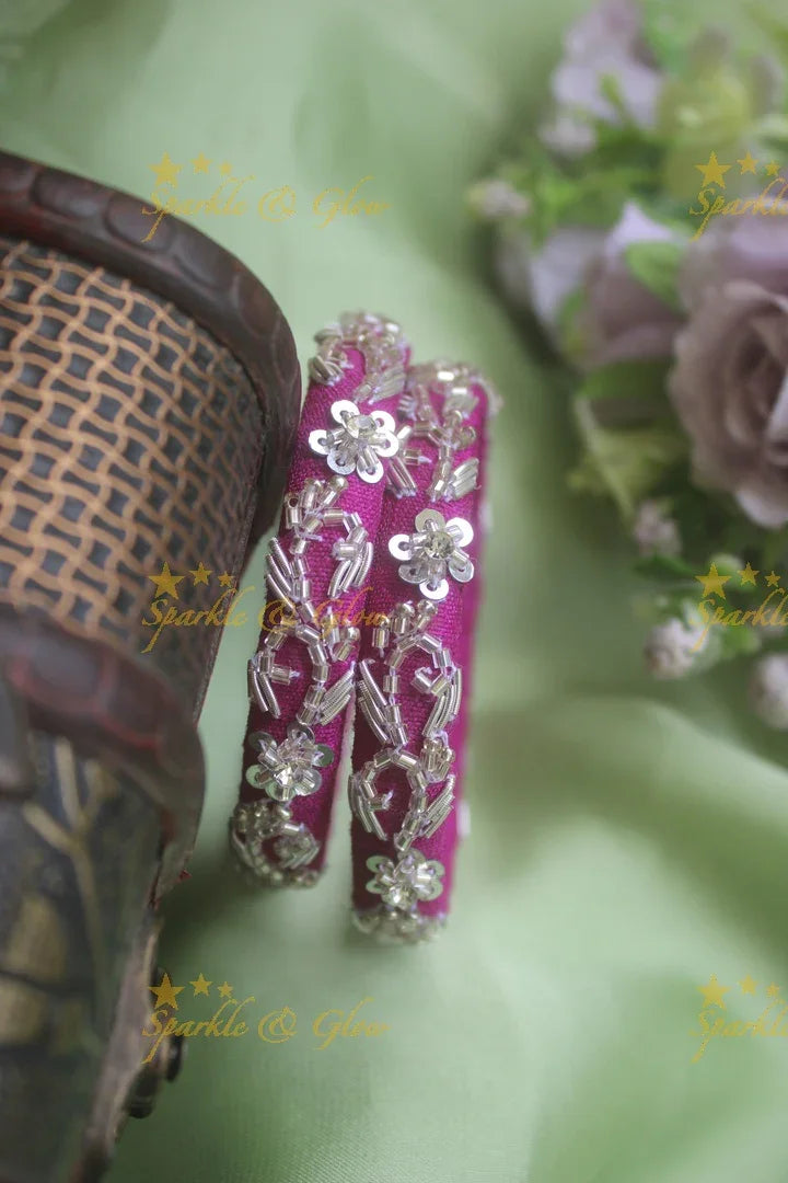 Beautiful silk thread embroidered silver thread wired flower design bangle - Sparkle and Glow