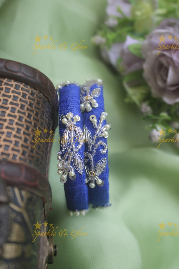 Beautiful silk thread embroidered silver thread wired flower leaf design bangle