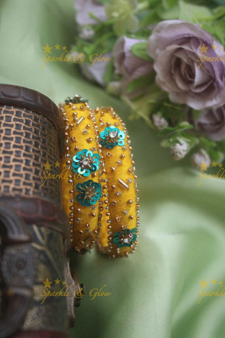 Beautiful silk thread embroidered gold beads teal tinsel flower design bangle