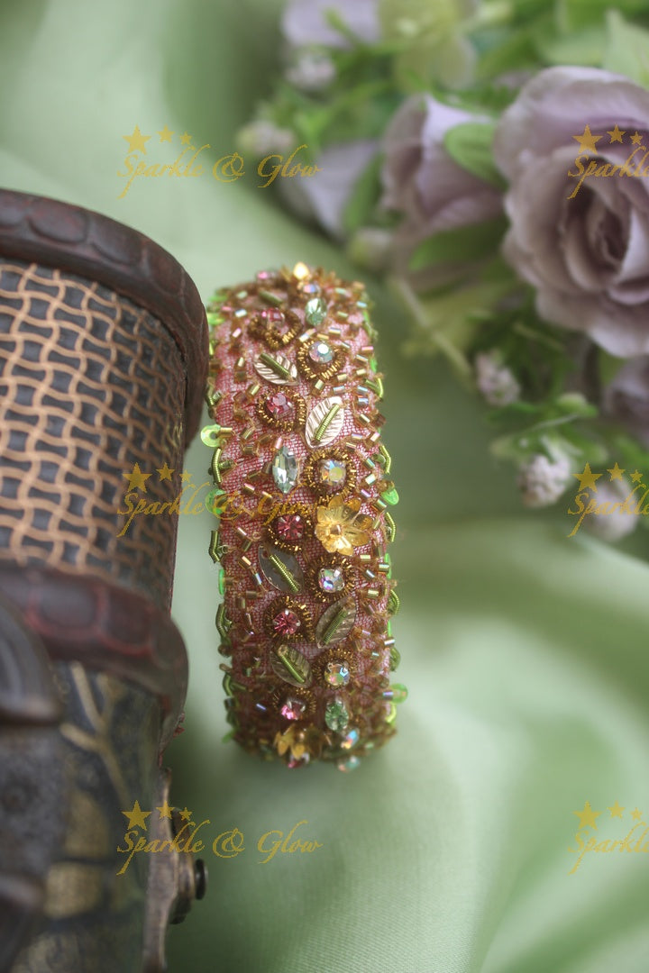 Beautiful silk thread embroidered leaf branch tinsel flower design bangle