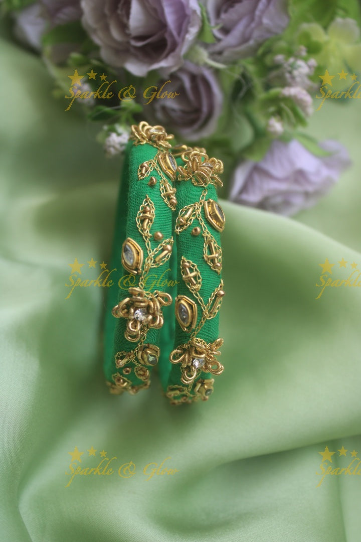 Beautiful silk thread embroidered gold thread leaf branch gold flower design bangle