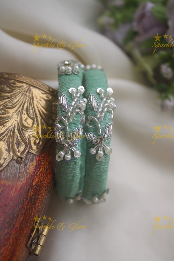 Beautiful silk thread embroidered silver wired leaf branch tinsel flower design bangle