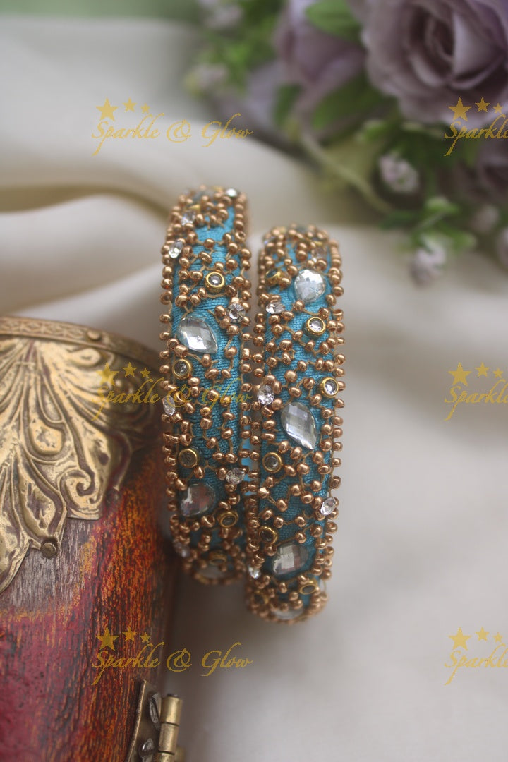 Beautiful silk thread  embroidered gold beads diamond shaped stone design bangle