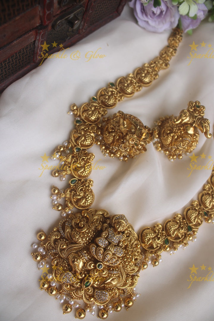 Beautiful gold alike peacock Lakshmi carved pendent long necklace