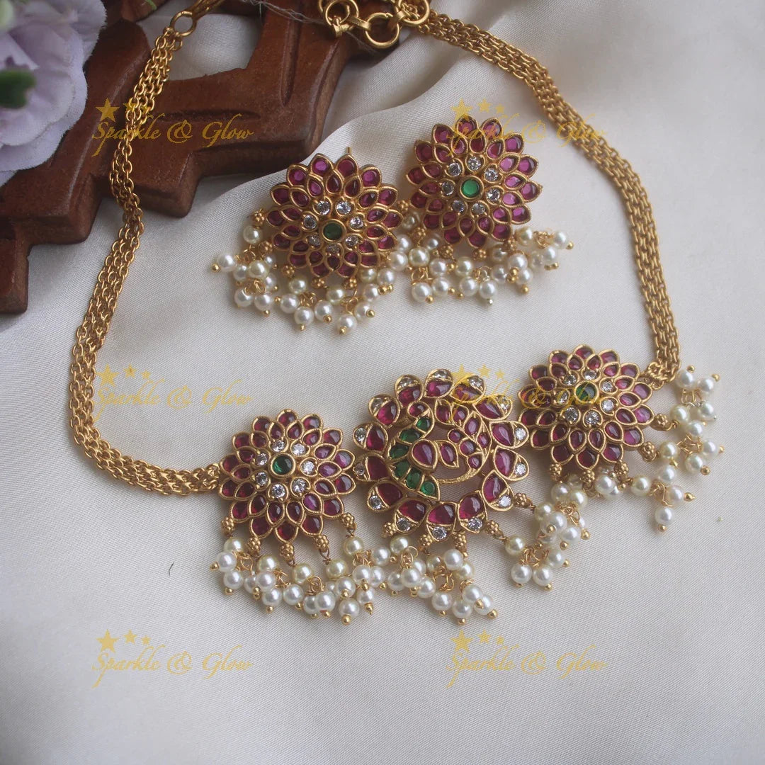 Premium Matt floral peacock kemp choker with beautiful earrings - Pink green - Sparkle and Glow