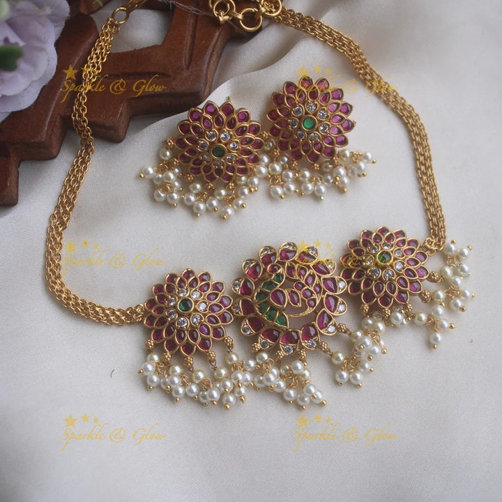 Premium Matt floral peacock kemp choker with beautiful earrings - Pink green - Sparkle and Glow