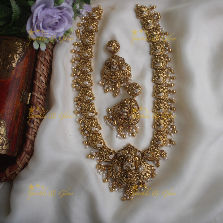 Gold alike dancing peacock carved Lakshmi long necklace