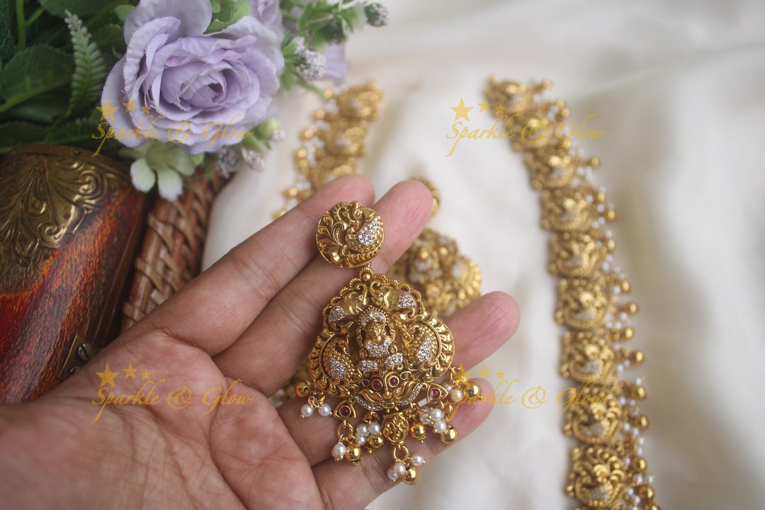 Gold alike dancing peacock carved Lakshmi long necklace