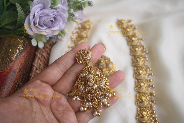 Gold alike dancing peacock carved Lakshmi long necklace