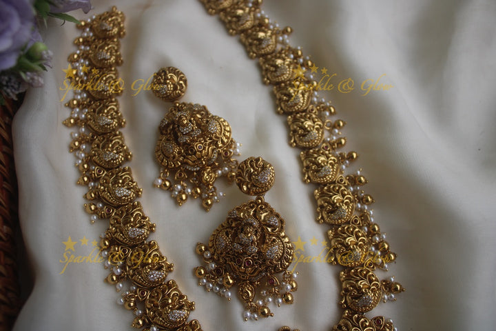 Gold alike dancing peacock carved Lakshmi long necklace