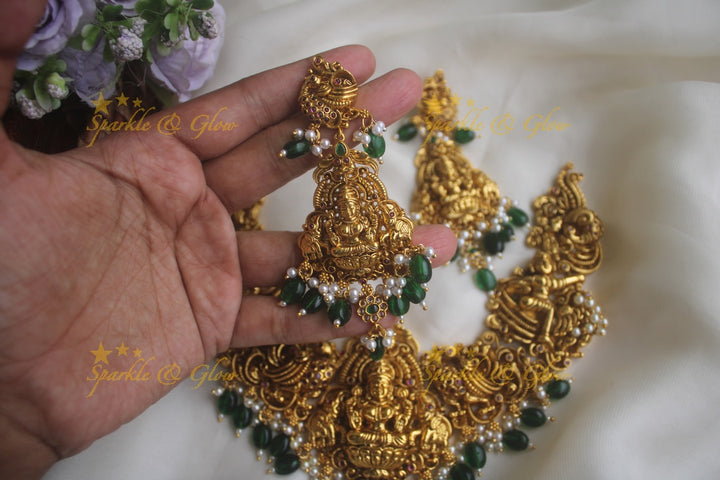 Glorious lakshmi carved peacock elephant necklace with green beads